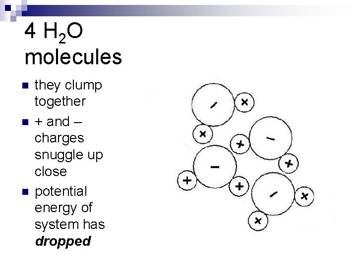 4 H 2 O molecules n n n they clump together + and –