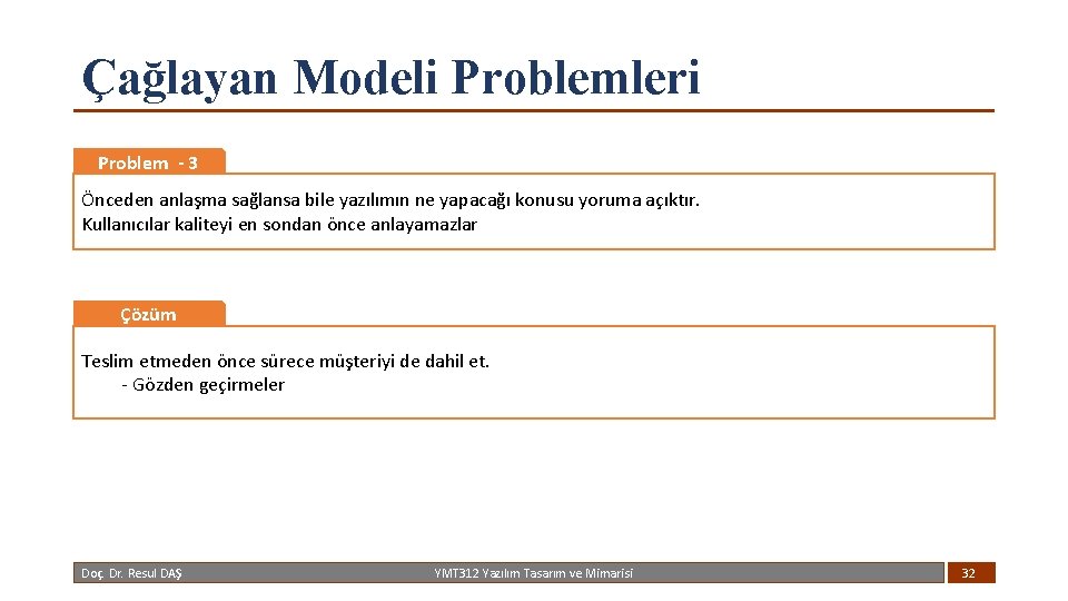 Çağlayan Modeli Problemleri Problem - 3 Önceden anlaşma sağlansa bile yazılımın ne yapacağı konusu