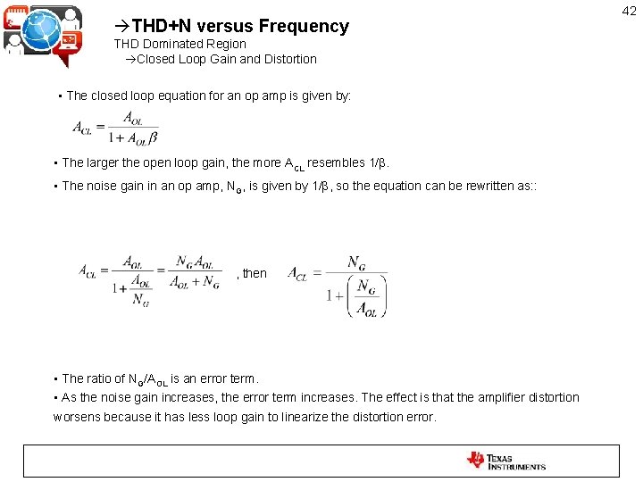 THD+N versus Frequency THD Dominated Region Closed Loop Gain and Distortion • The