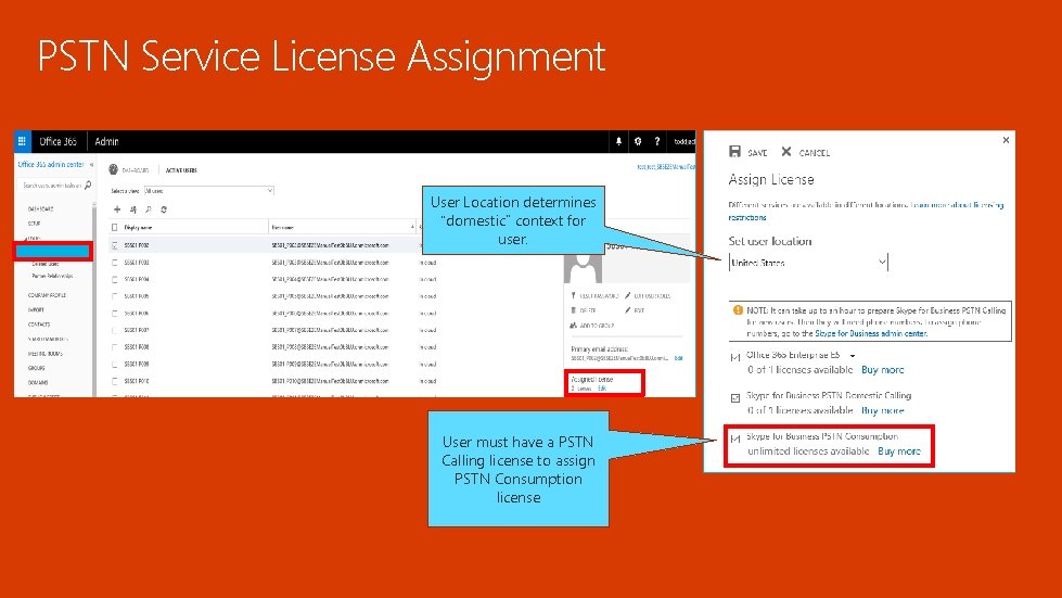 PSTN Service License Assignment User Location determines “domestic” context for user. User must have