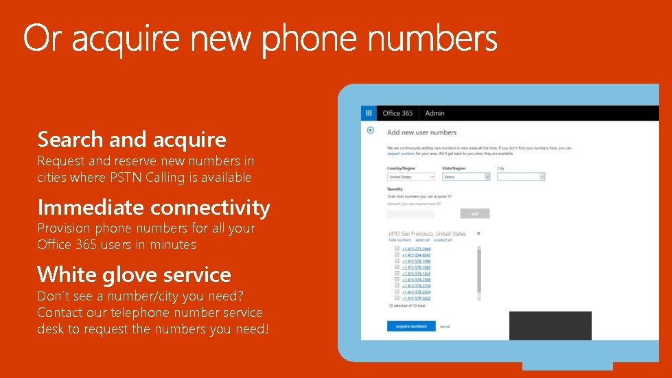 Search and acquire Request and reserve new numbers in cities where PSTN Calling is