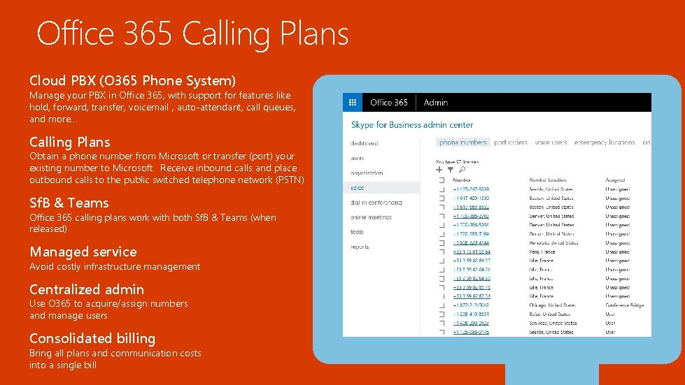 Office 365 Calling Plans Cloud PBX (O 365 Phone System) Manage your PBX in