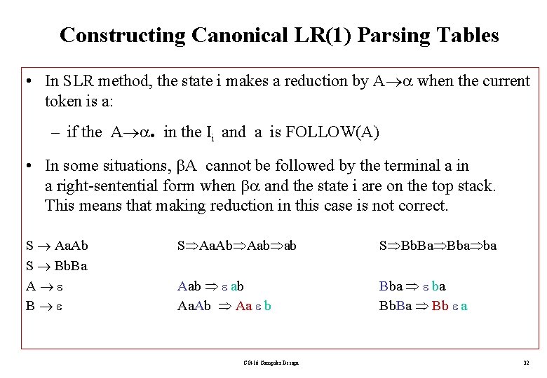Constructing Canonical LR(1) Parsing Tables • In SLR method, the state i makes a