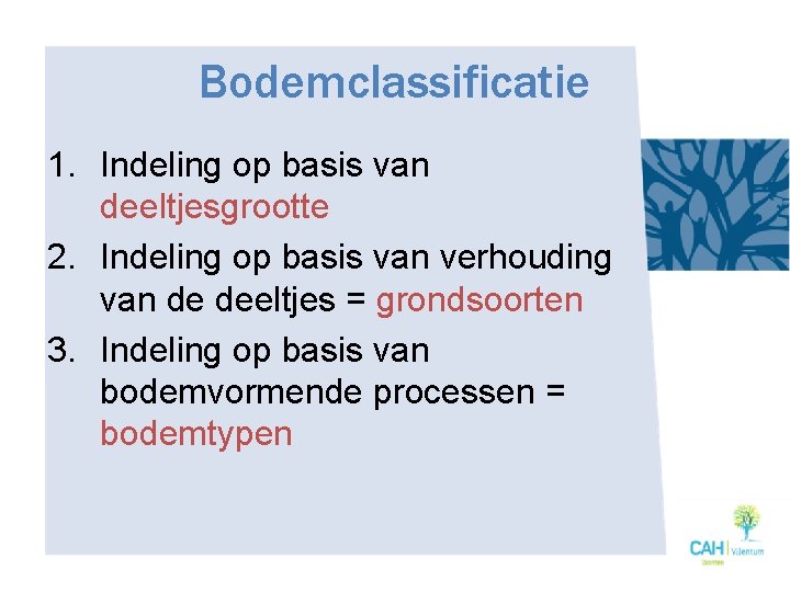 Bodemclassificatie 1. Indeling op basis van deeltjesgrootte 2. Indeling op basis van verhouding van