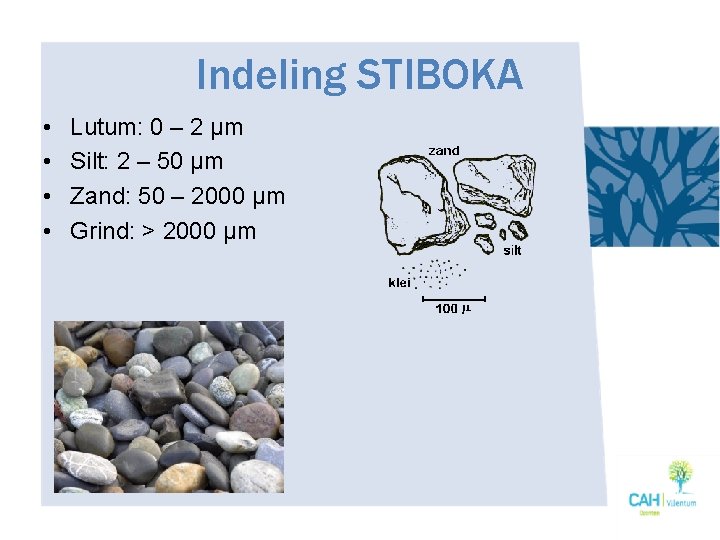 Indeling STIBOKA • • Lutum: 0 – 2 μm Silt: 2 – 50 μm