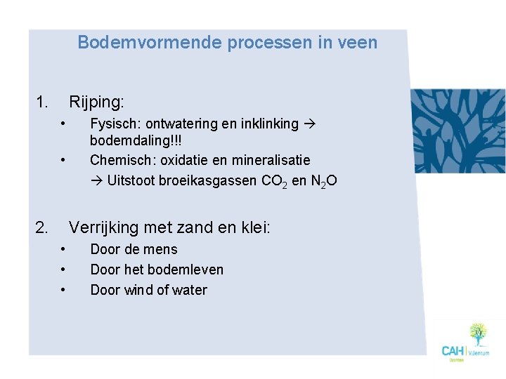 Bodemvormende processen in veen 1. Rijping: • • 2. Fysisch: ontwatering en inklinking bodemdaling!!!