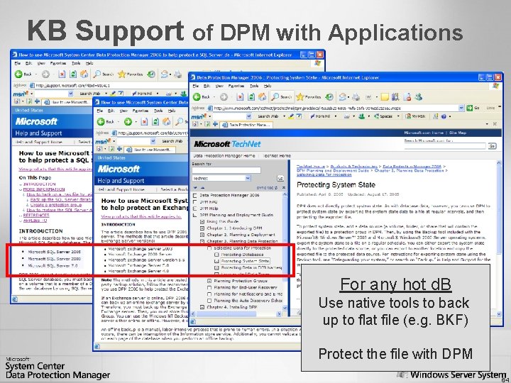 KB Support of DPM with Applications For any hot d. B Use native tools