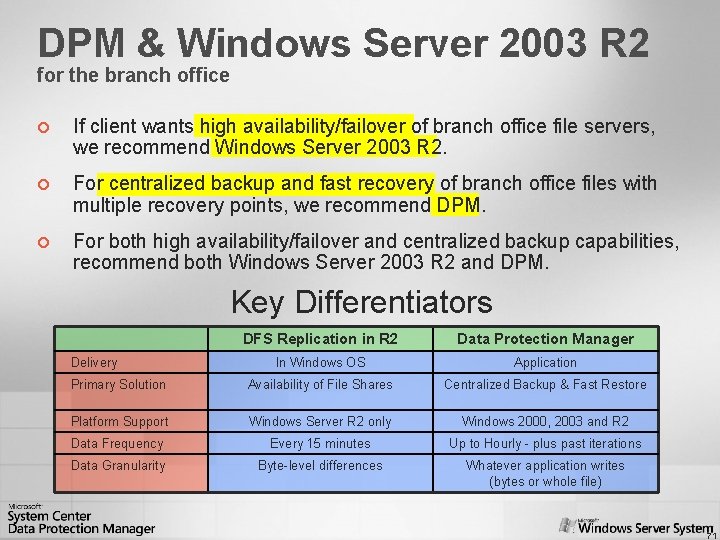 DPM & Windows Server 2003 R 2 for the branch office ¢ If client