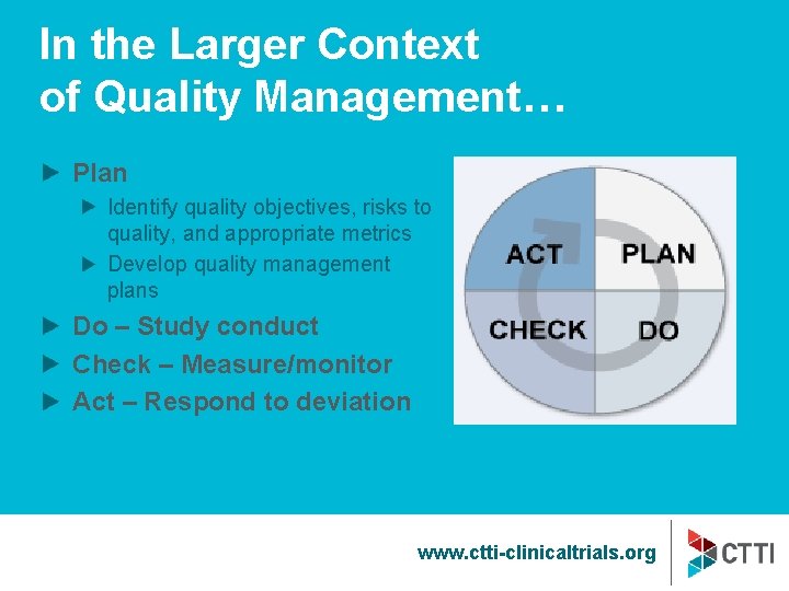 In the Larger Context of Quality Management… Plan Identify quality objectives, risks to quality,