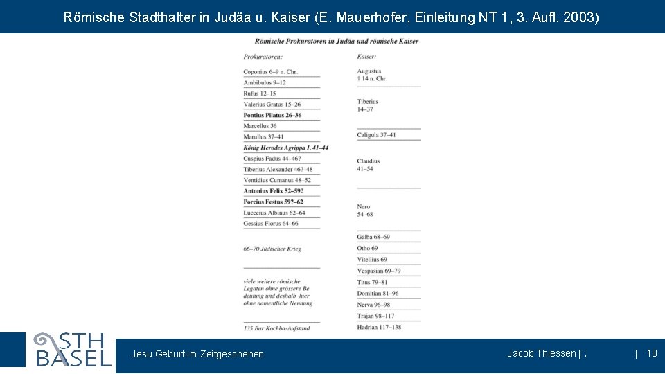 Römische Stadthalter in Judäa u. Kaiser (E. Mauerhofer, Einleitung NT 1, 3. Aufl. 2003)