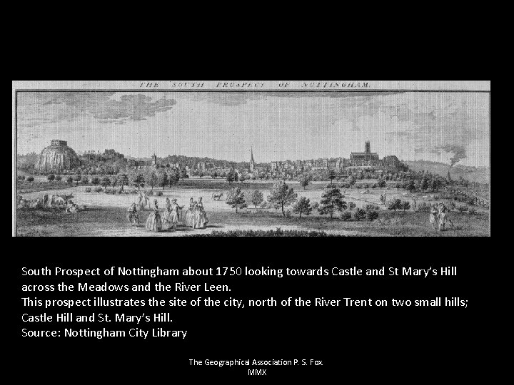 South Prospect of Nottingham about 1750 looking towards Castle and St Mary’s Hill across