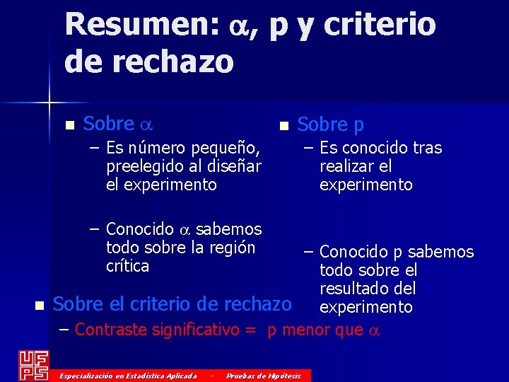 Resumen: a, p y criterio de rechazo n Sobre a n Sobre p –