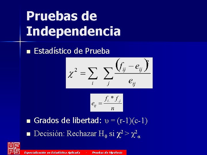 Pruebas de Independencia n Estadístico de Prueba n Grados de libertad: υ = (r-1)(c-1)