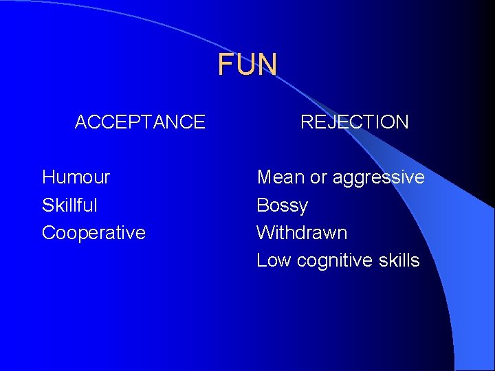 FUN ACCEPTANCE Humour Skillful Cooperative REJECTION Mean or aggressive Bossy Withdrawn Low cognitive skills