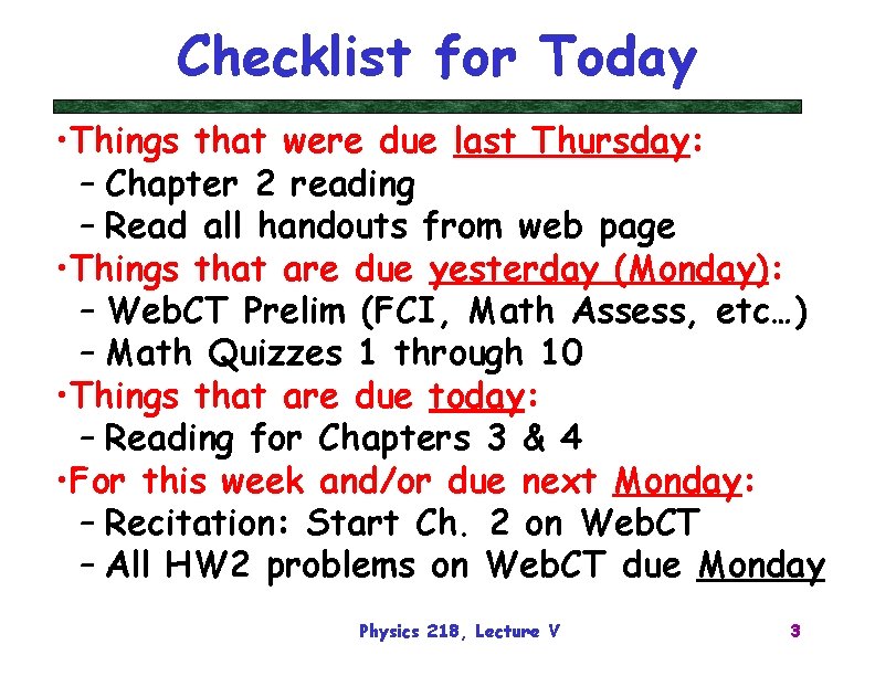 Checklist for Today • Things that were due last Thursday: – Chapter 2 reading