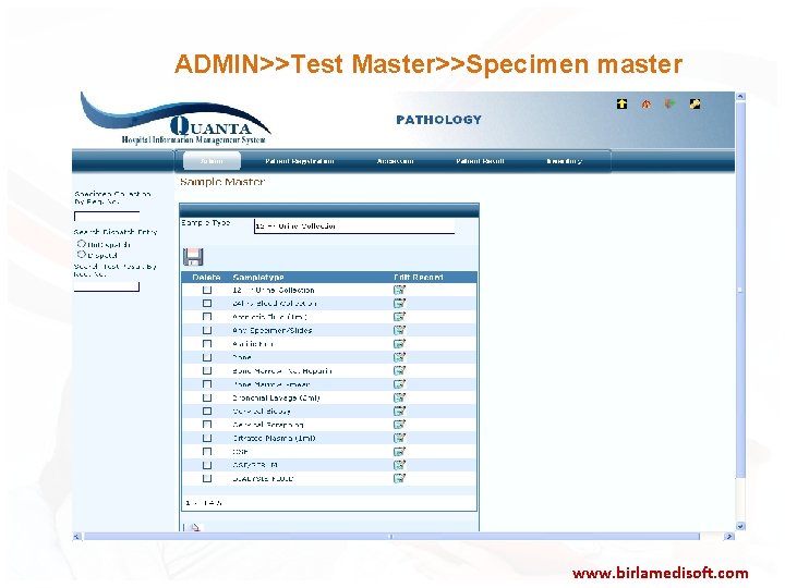 ADMIN>>Test Master>>Specimen master www. birlamedisoft. com 