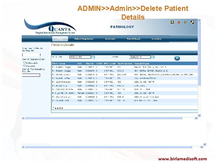 ADMIN>>Admin>>Delete Patient Details www. birlamedisoft. com 