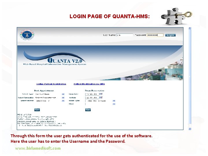 LOGIN PAGE OF QUANTA-HMS: Through this form the user gets authenticated for the use