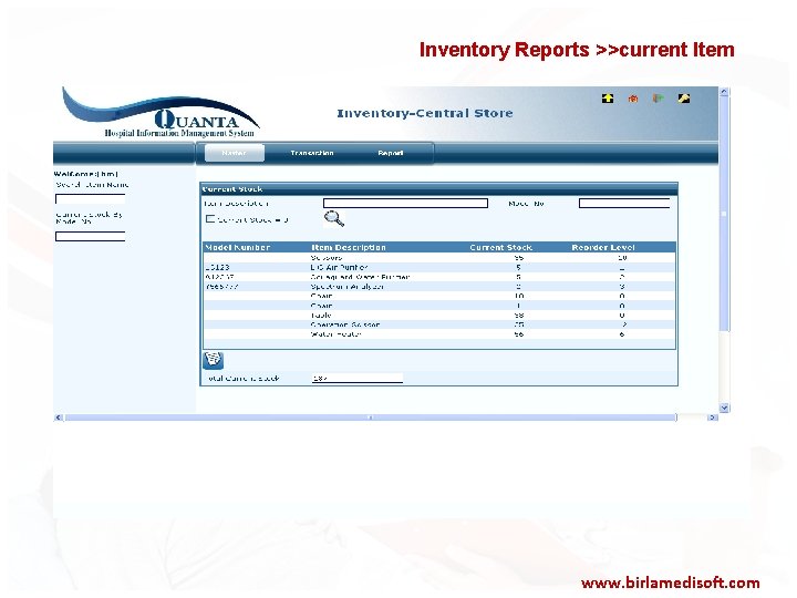 Inventory Reports >>current Item www. birlamedisoft. com 