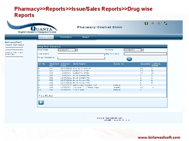 Pharmacy>>Reports>>Issue/Sales Reports>>Drug wise Reports www. birlamedisoft. com 