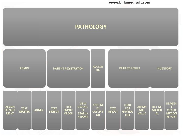 www. birlamedisoft. com PATHOLOGY ADMIN ASSIGN DEPART MENT TEST MASTER PATIENT REGISTRATION ADMIN TEST