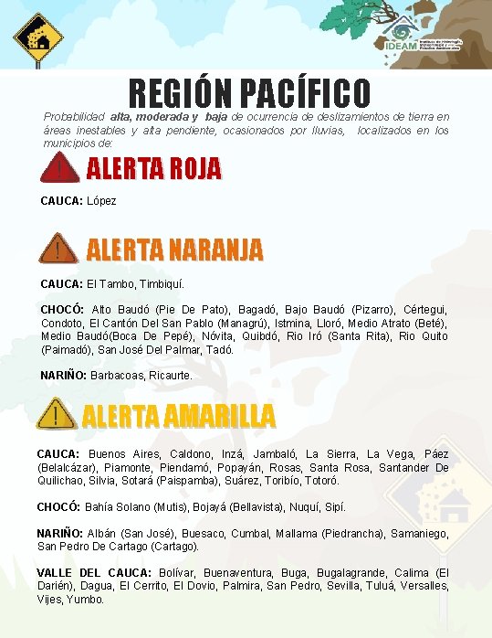 REGIÓN PACÍFICO Probabilidad alta, moderada y baja de ocurrencia de deslizamientos de tierra en