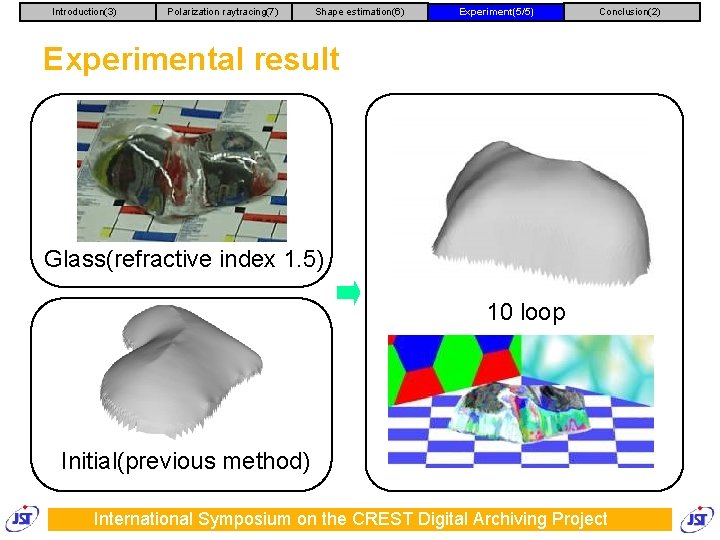 Introduction(3) Polarization raytracing(7) Shape estimation(6) Experiment(5/5) Conclusion(2) Experimental result Glass(refractive index 1. 5) 10