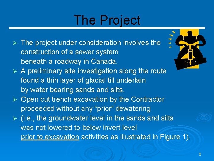 The Project The project under consideration involves the construction of a sewer system beneath