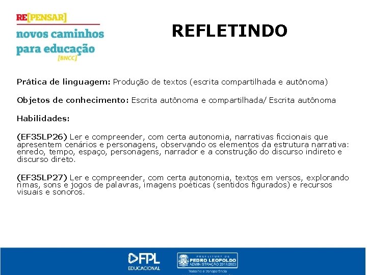 REFLETINDO Prática de linguagem: Produção de textos (escrita compartilhada e autônoma) Objetos de conhecimento: