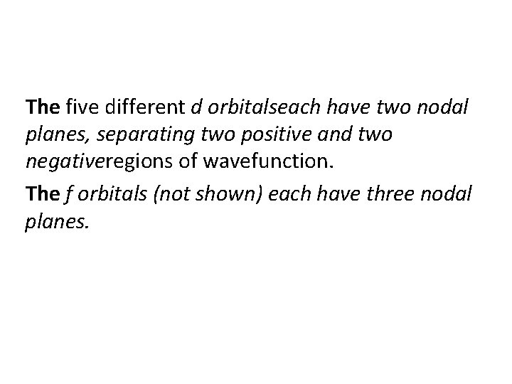 The five different d orbitalseach have two nodal planes, separating two positive and two