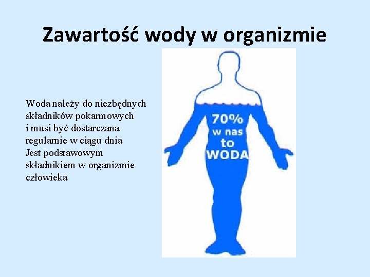 Zawartość wody w organizmie Woda należy do niezbędnych składników pokarmowych i musi być dostarczana