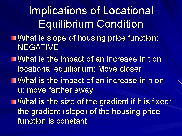 Implications of Locational Equilibrium Condition What is slope of housing price function: NEGATIVE What