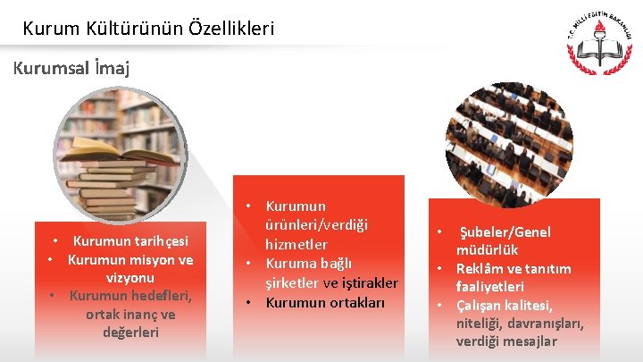 Kurum Kültürünün Özellikleri Kurumsal İmaj • Kurumun tarihçesi • Kurumun misyon ve vizyonu •