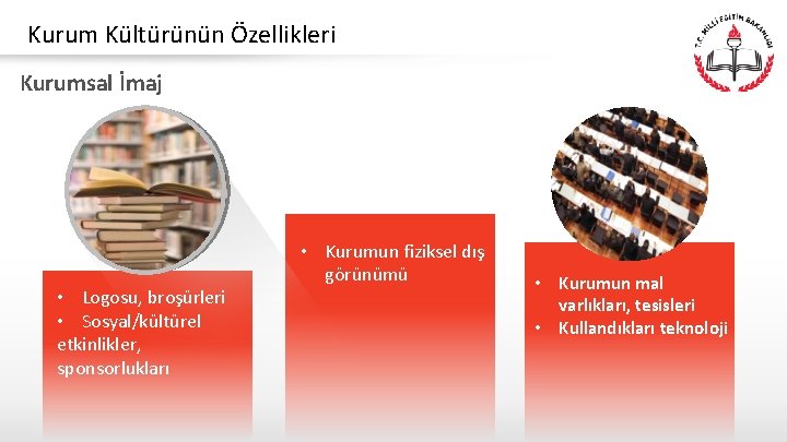 Kurum Kültürünün Özellikleri Kurumsal İmaj • Logosu, broşürleri • Sosyal/kültürel etkinlikler, sponsorlukları • Kurumun