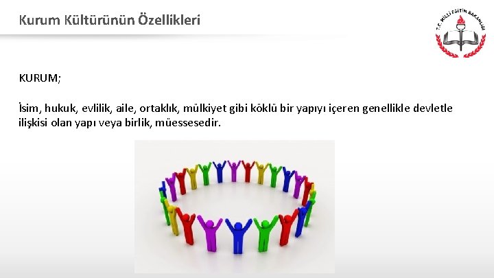 Kurum Kültürünün Özellikleri KURUM; İsim, hukuk, evlilik, aile, ortaklık, mülkiyet gibi köklü bir yapıyı