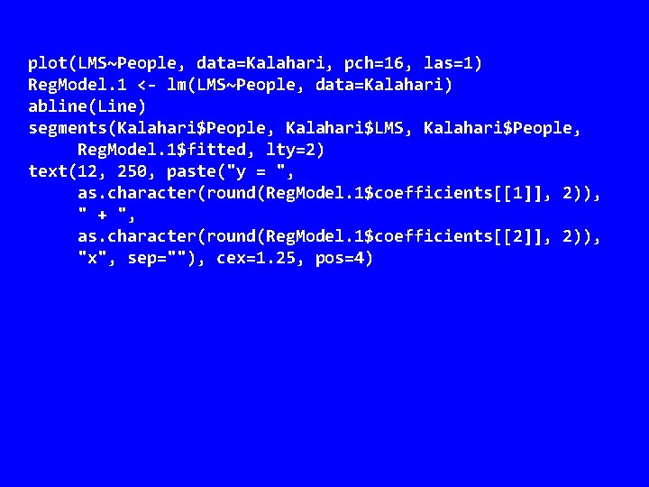 plot(LMS~People, data=Kalahari, pch=16, las=1) Reg. Model. 1 <- lm(LMS~People, data=Kalahari) abline(Line) segments(Kalahari$People, Kalahari$LMS, Kalahari$People,