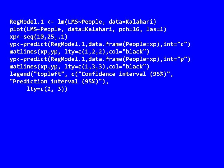 Reg. Model. 1 <- lm(LMS~People, data=Kalahari) plot(LMS~People, data=Kalahari, pch=16, las=1) xp<-seq(10, 25, . 1)