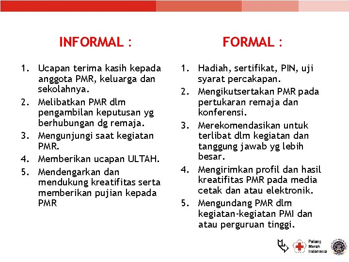 INFORMAL : 1. Ucapan terima kasih kepada anggota PMR, keluarga dan sekolahnya. 2. Melibatkan