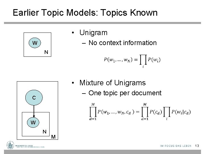 Earlier Topic Models: Topics Known • Unigram – No context information W N •