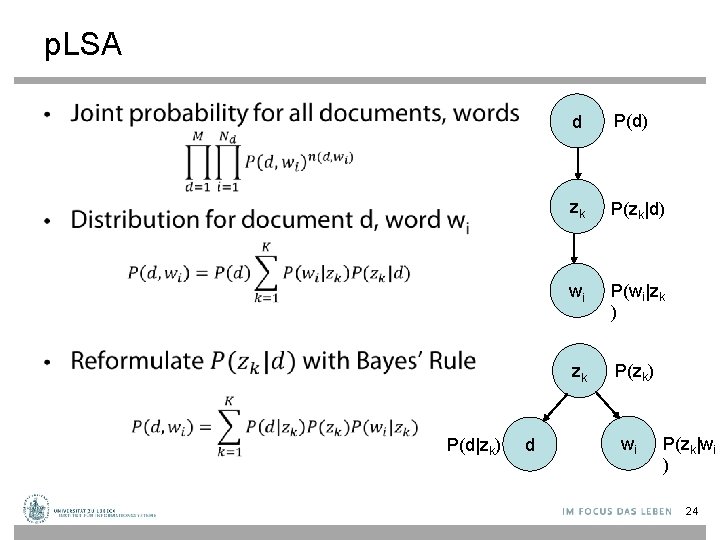 p. LSA • d P(d) zk P(zk|d) wi P(wi|zk ) zk P(zk) P(d|zk) d