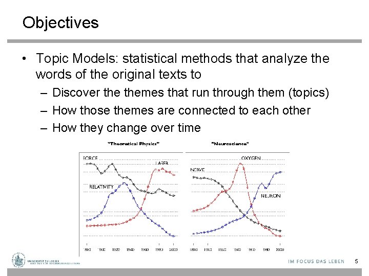 Objectives • Topic Models: statistical methods that analyze the words of the original texts