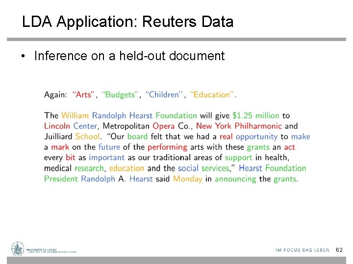 LDA Application: Reuters Data • Inference on a held-out document 62 