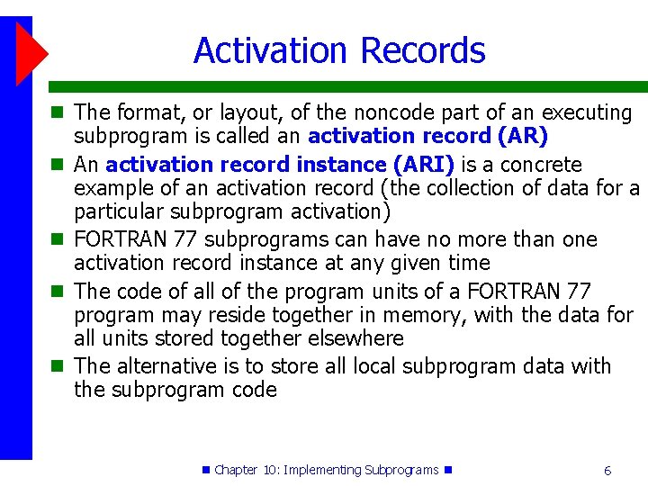 Activation Records The format, or layout, of the noncode part of an executing subprogram