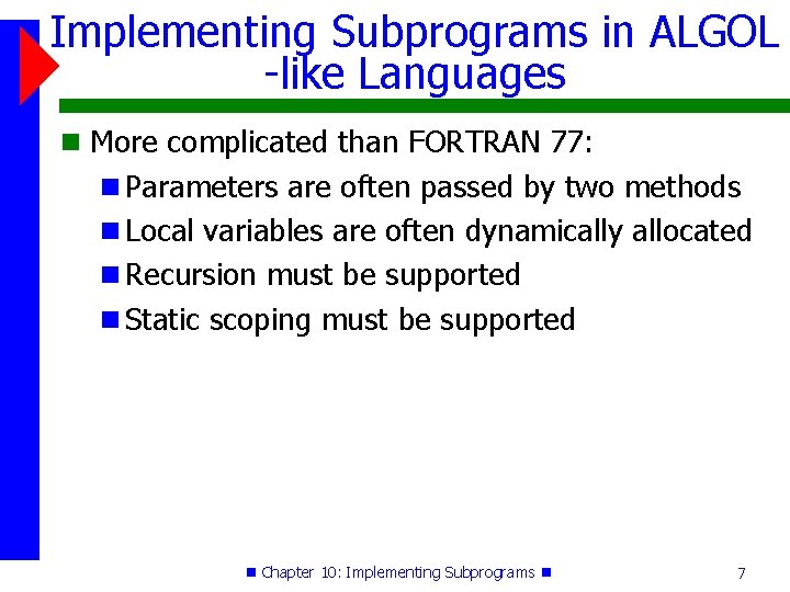 Implementing Subprograms in ALGOL -like Languages More complicated than FORTRAN 77: Parameters are often