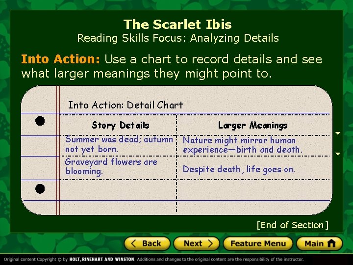 The Scarlet Ibis Reading Skills Focus: Analyzing Details Into Action: Use a chart to