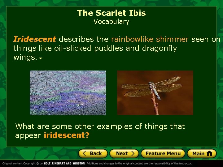 The Scarlet Ibis Vocabulary Iridescent describes the rainbowlike shimmer seen on things like oil-slicked