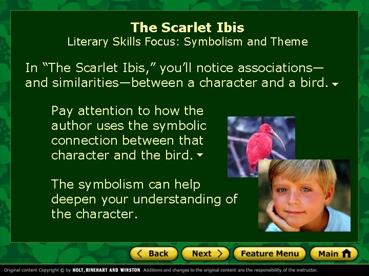 The Scarlet Ibis Literary Skills Focus: Symbolism and Theme In “The Scarlet Ibis, ”