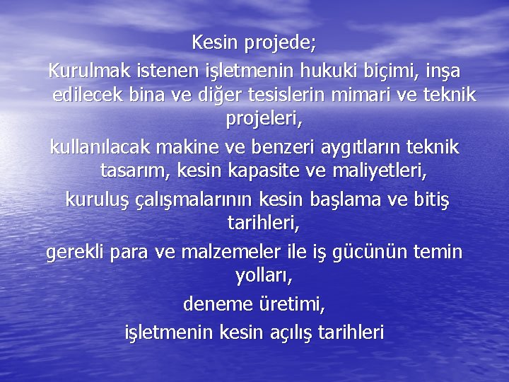 Kesin projede; Kurulmak istenen işletmenin hukuki biçimi, inşa edilecek bina ve diğer tesislerin mimari