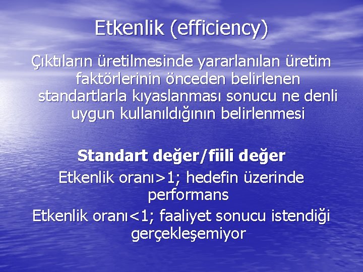 Etkenlik (efficiency) Çıktıların üretilmesinde yararlanılan üretim faktörlerinin önceden belirlenen standartlarla kıyaslanması sonucu ne denli