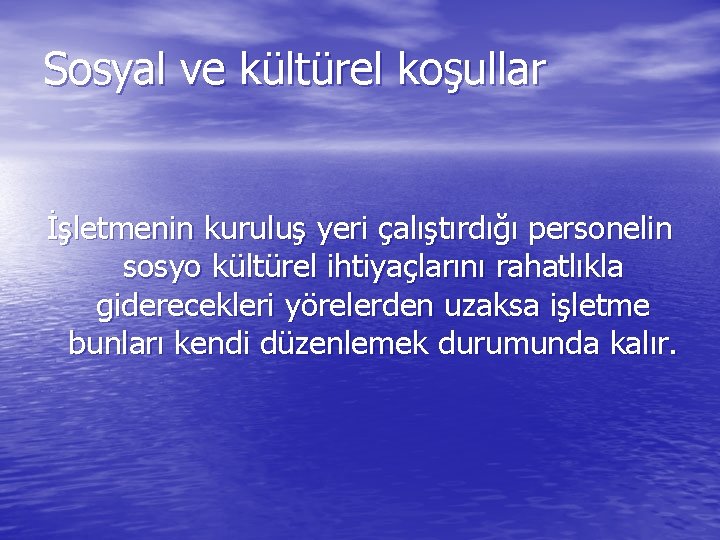 Sosyal ve kültürel koşullar İşletmenin kuruluş yeri çalıştırdığı personelin sosyo kültürel ihtiyaçlarını rahatlıkla giderecekleri